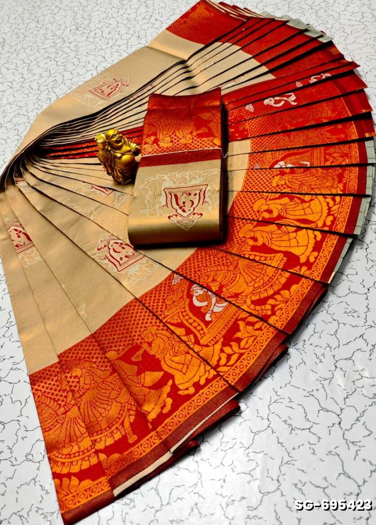 Premium kubera pattu saree rapier fancy  light weight silk pallakku design saree - LIGHT SANDLE (1)