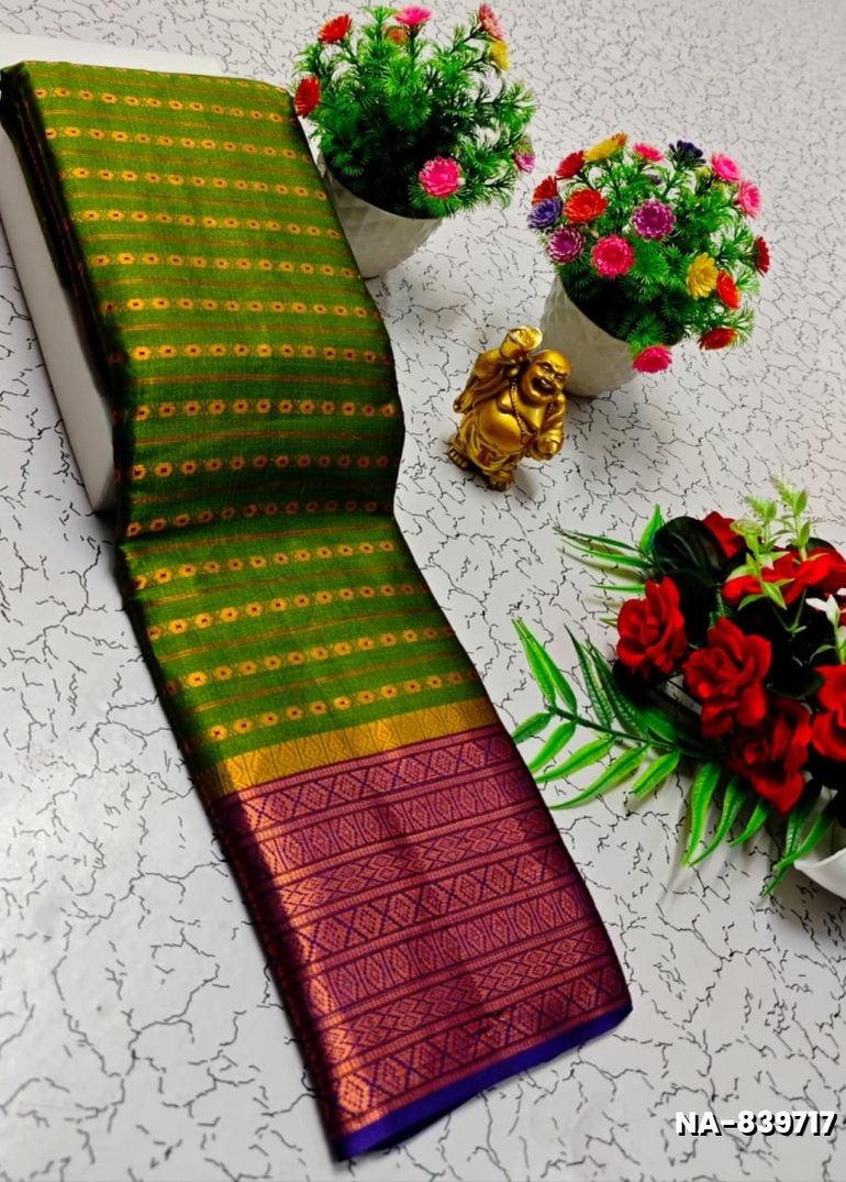 Narayani Cotton with Classic Zari Temple Border - OLIVE GREEN