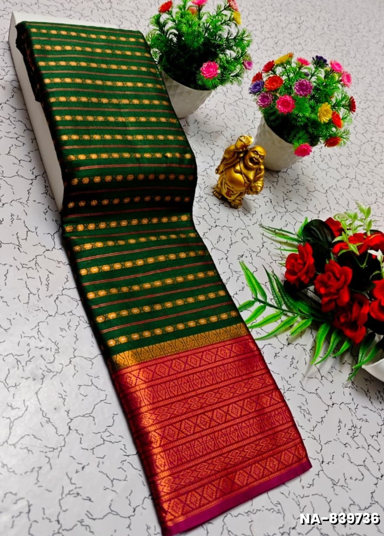Narayani Cotton with Classic Zari Temple Border - BOTTLE GREEN