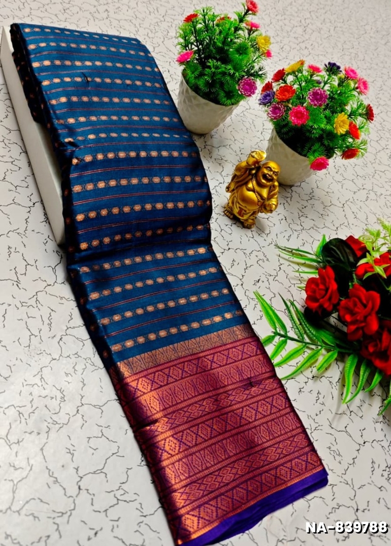 Narayani Cotton with Classic Zari Temple Border - PEACKOK BLUE