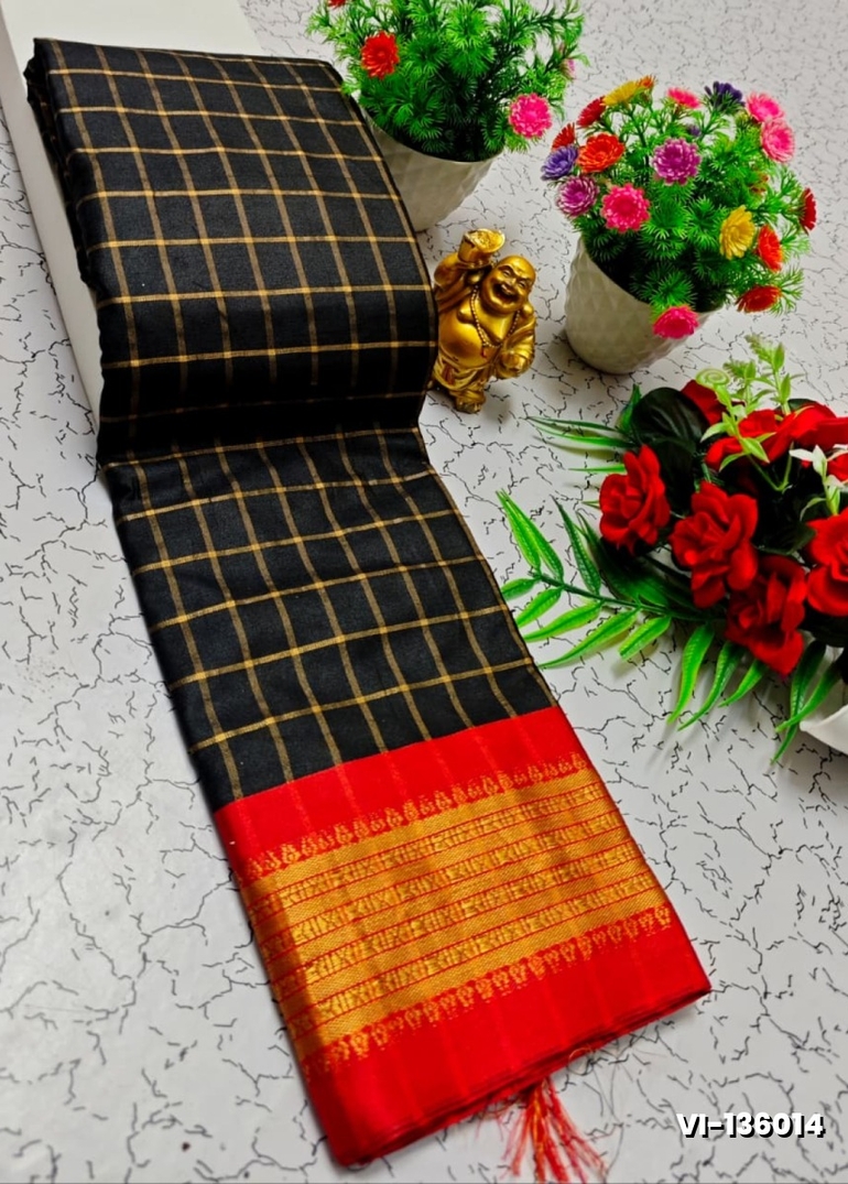 Traditional Checked Silk Saree Premium Design Border Zari Design - BLACK
