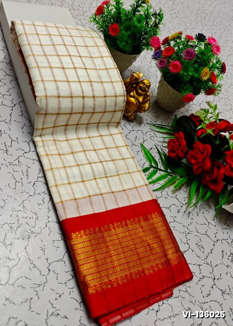 Traditional Checked Silk Saree Premium Design Border Zari Design - WHITE