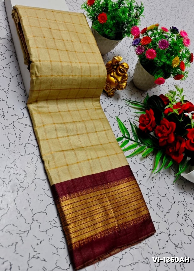 Traditional Checked Silk Saree Premium Design Border Zari Design - SANDLE
