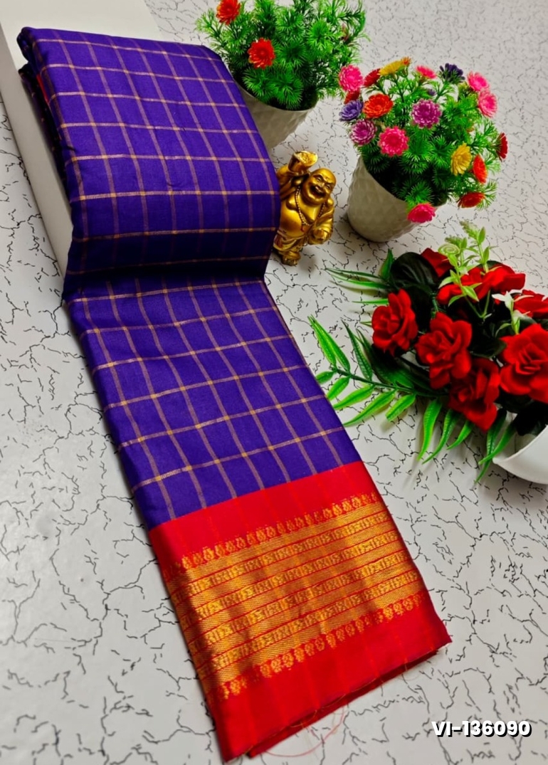 Traditional Checked Silk Saree Premium Design Border Zari Design - BRINJAL COLOUR