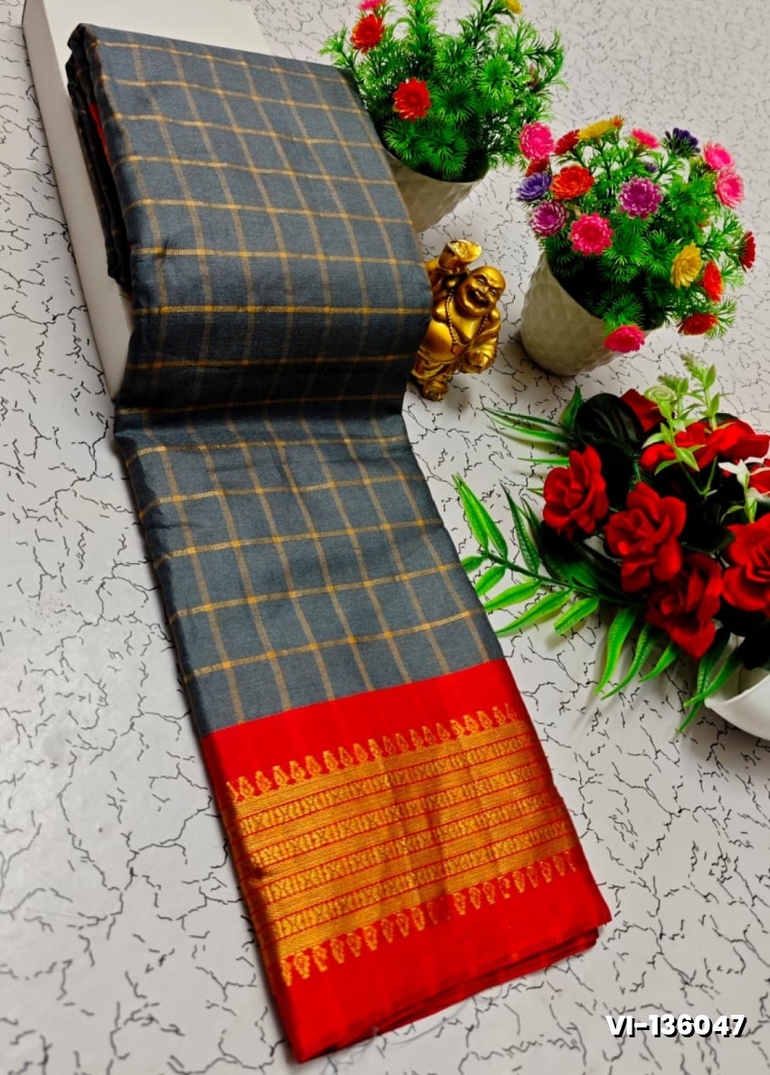Traditional Checked Silk Saree Premium Design Border Zari Design - GRAY