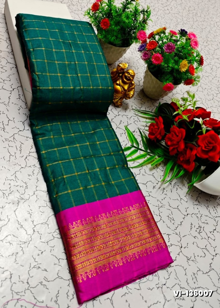 Traditional Checked Silk Saree Premium Design Border Zari Design - TEAL COLOUR