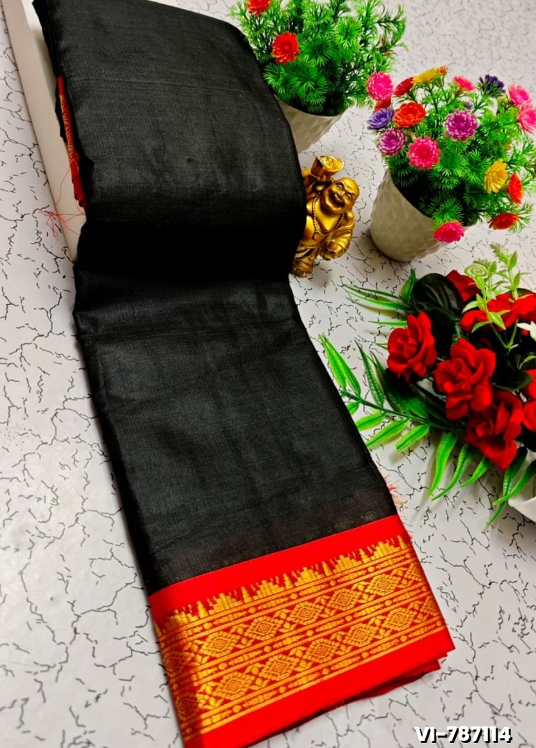 Traditional Plain Silk Saree Premium Design Border Zari Design - BLACK