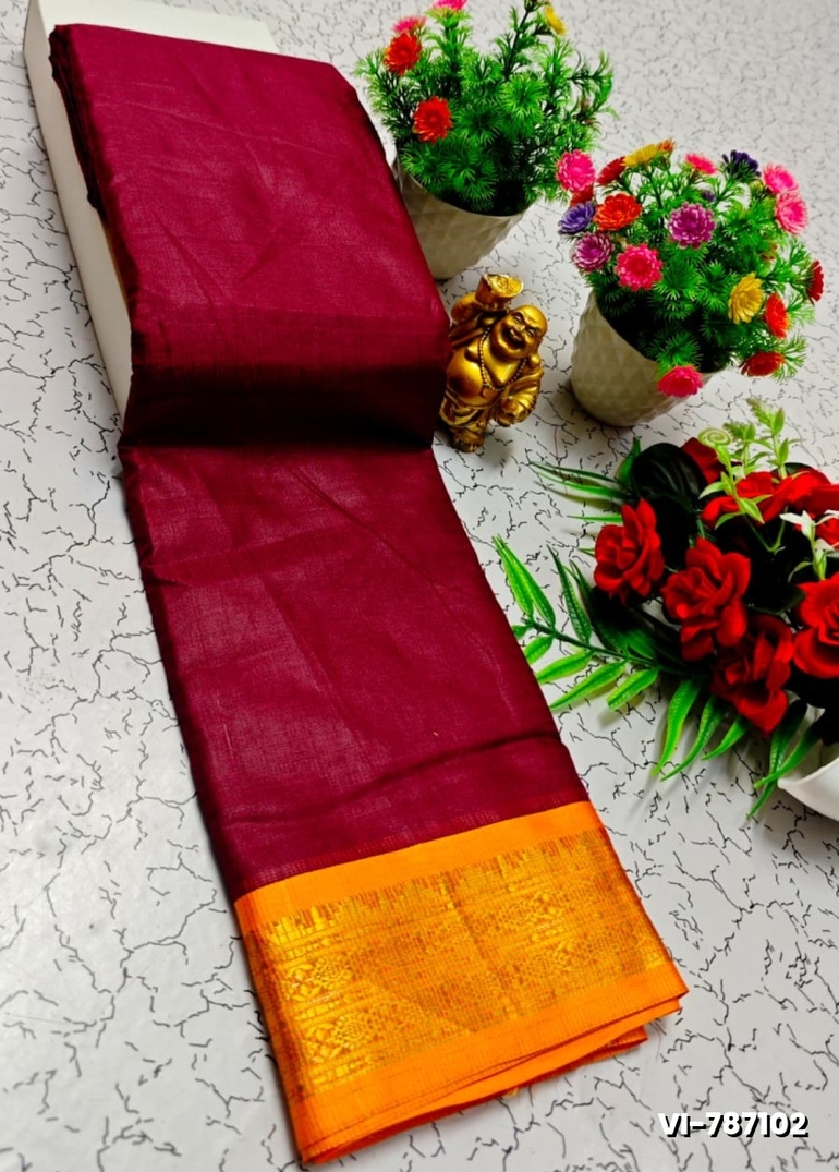 Traditional Plain Silk Saree Premium Design Border Zari Design - MERUN