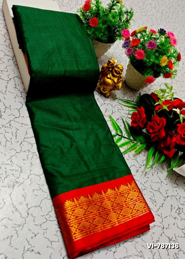 Traditional Plain Silk Saree Premium Design Border Zari Design - BOTTLE GREEN