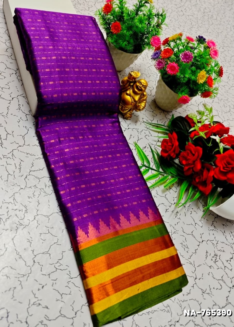 Narayani Cotton with Classic Zari Temple Border - BRINJAL COLOUR