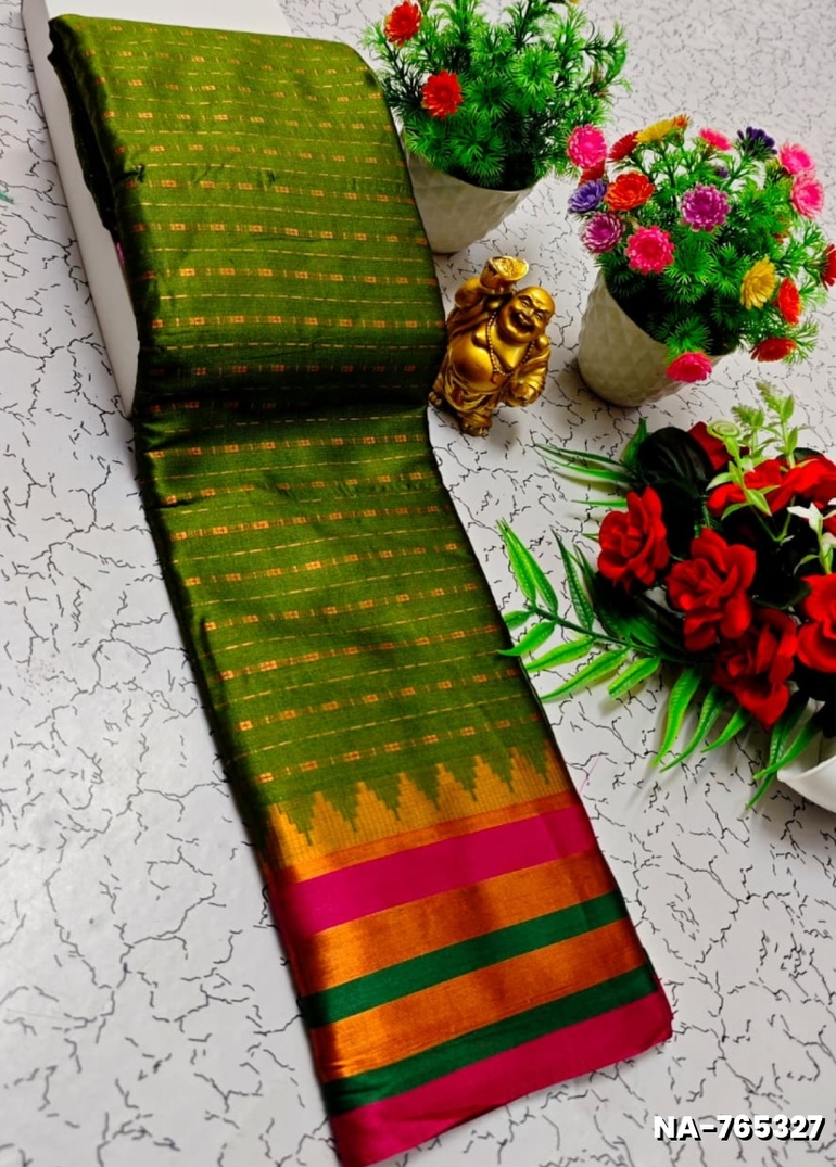 Narayani Cotton with Classic Zari Temple Border - MEHENDHI GREEN (1)