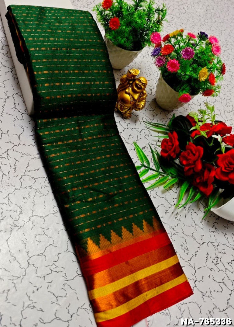 Narayani Cotton with Classic Zari Temple Border - BOTTLE GREEN (1)