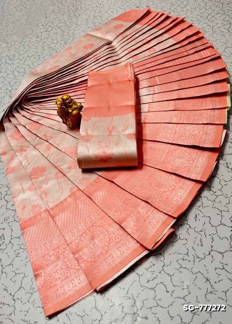 Premium kubera pattu saree rapier fancy  light weight silk type sarees flower design function wear - CORAL COLOUR