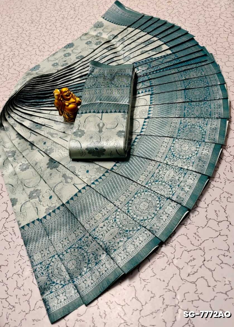 Premium kubera pattu saree rapier fancy  light weight silk type sarees flower design function wear - ICE BLUE