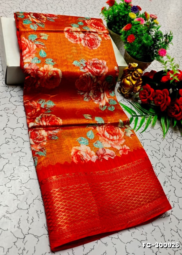 Fancy print office wear cotton sarees all over body flower design pattern design premium look lightweight comfortable wear - ORANGE N
