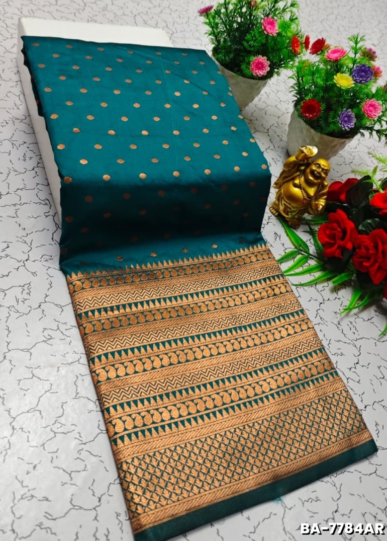 1000 Butta premium Soft Silk Saree weddings, festivals, traditional Wear - PEACOCK GREEN