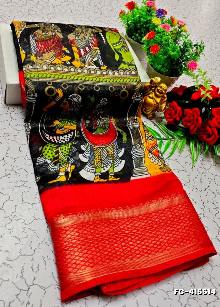 Fancy print office wear cotton sarees all over body kalamkari  pattern design premium look lightweight comfortable wear - BLACK (1)
