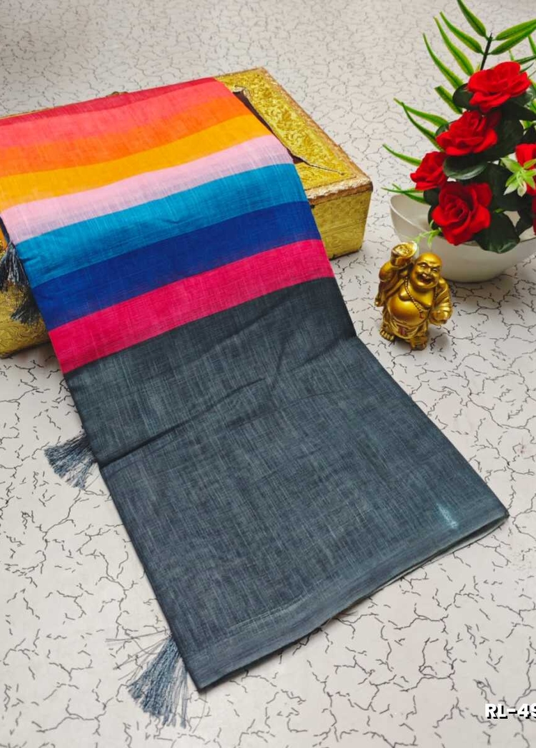 Rain bow Pattern Soft Linen Cotton Saree traditional look collection - MULTI COLOR