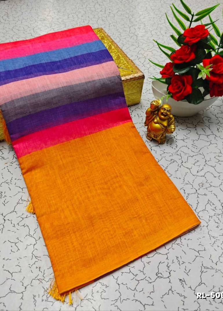 Rain bow pattern soft linen cotton saree traditional look collection - MULTI COLOR (3)