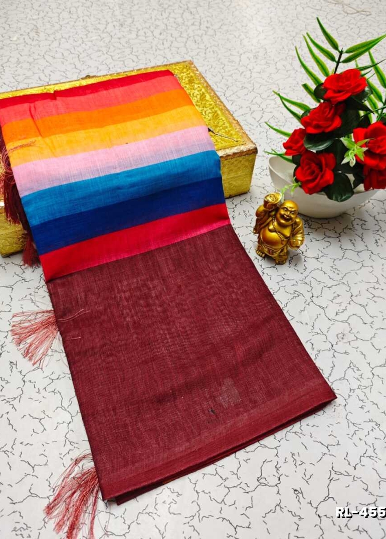 Rain bow pattern soft linen cotton saree traditional look collection - MULTI COLOR (4)