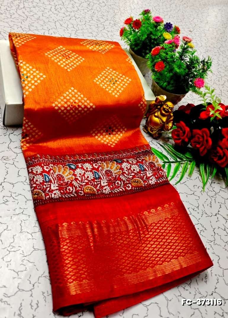 Fancy print office wear cotton sarees all over body diamond pattern design premium look lightweight comfortable wear - ORANGE