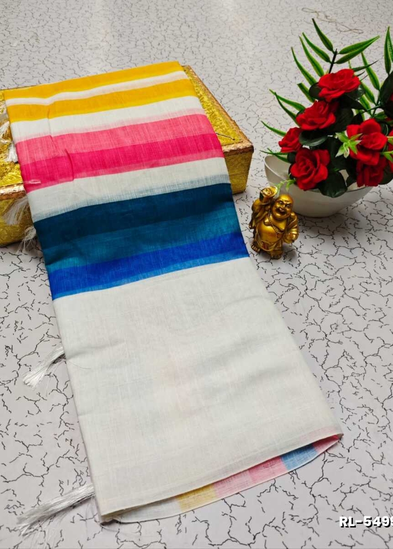 Rain bow pattern soft linen cotton saree traditional look collection - MULTI COLOR (6)