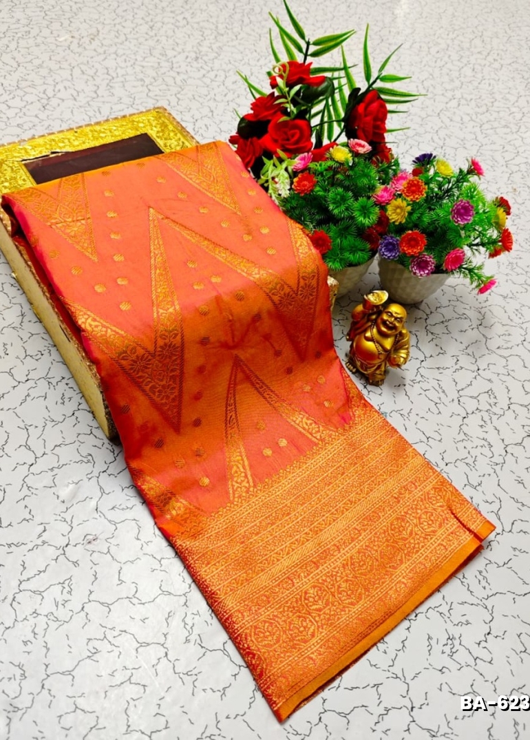 1000 Butta premium Soft Silk Saree weddings, festivals, traditional Wear - LIGHT ORANGE