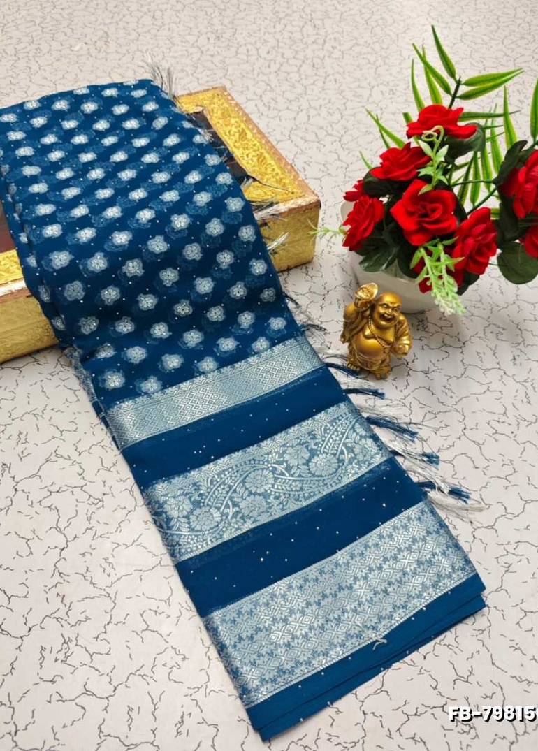 Premium Banarasi Silk Saree with Heavy Silver Zari & Stone Work Saree - NORMAL  BLUE