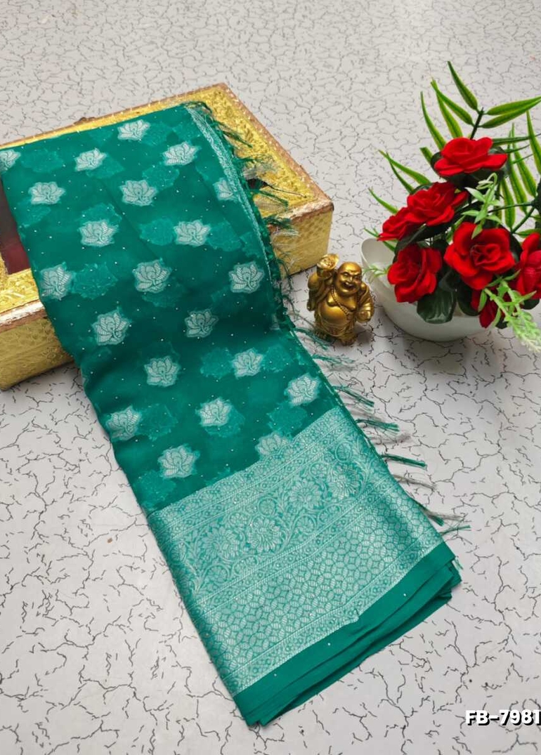 Premium Banarasi Silk Saree with Heavy Silver Zari & Stone Work Saree - NORMAL GREEN