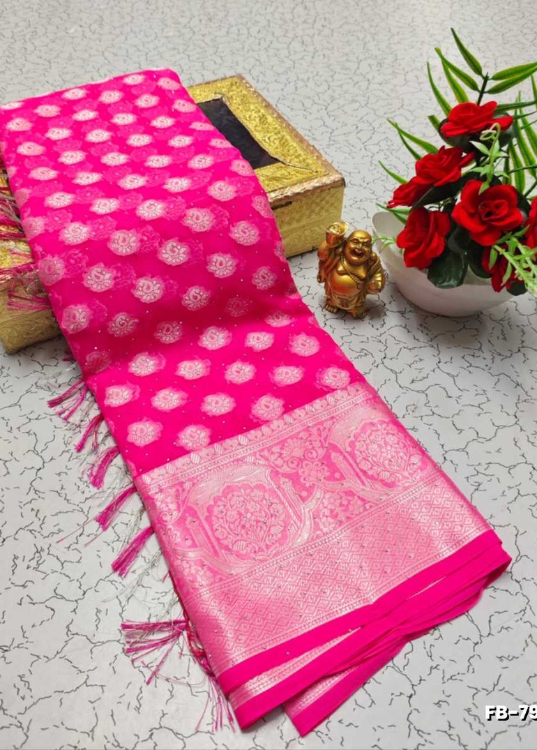 Premium Banarasi Silk Saree with Heavy Silver Zari & Stone Work Saree - DARK PINK
