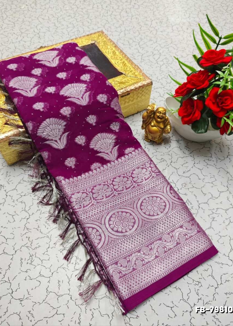 Premium Banarasi Silk Saree with Heavy Silver Zari & Stone Work Saree - PURPLE COLOUR
