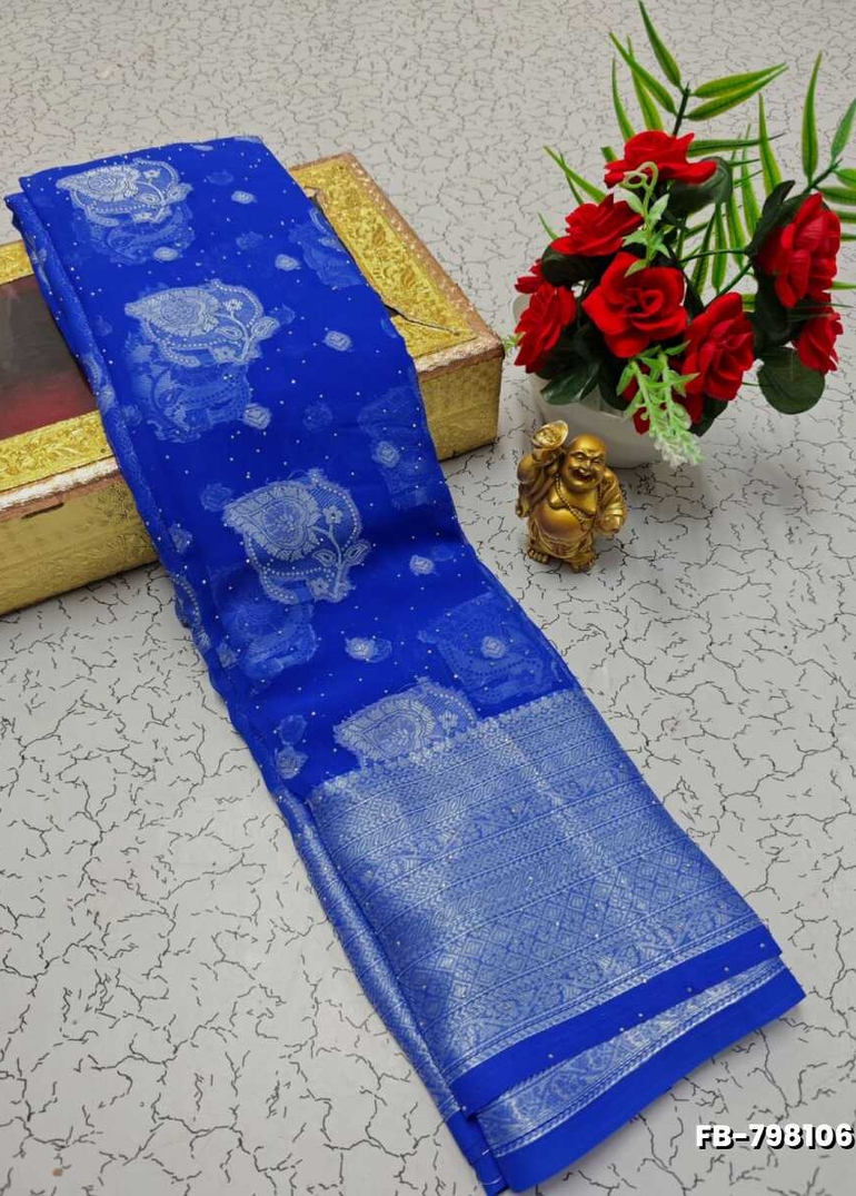 Premium Banarasi Silk Saree with Heavy Silver Zari & Stone Work Saree - ROYAL BLUE