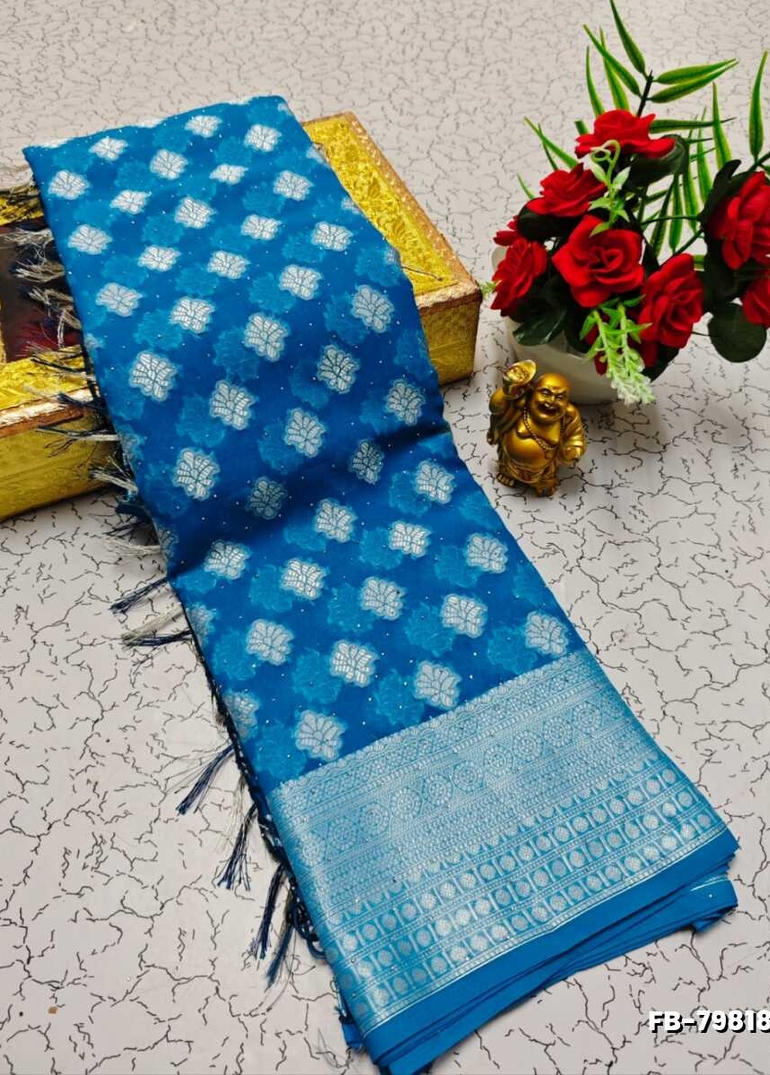 Premium Banarasi Silk Saree with Heavy Silver Zari & Stone Work Saree - BLUE COLOUR