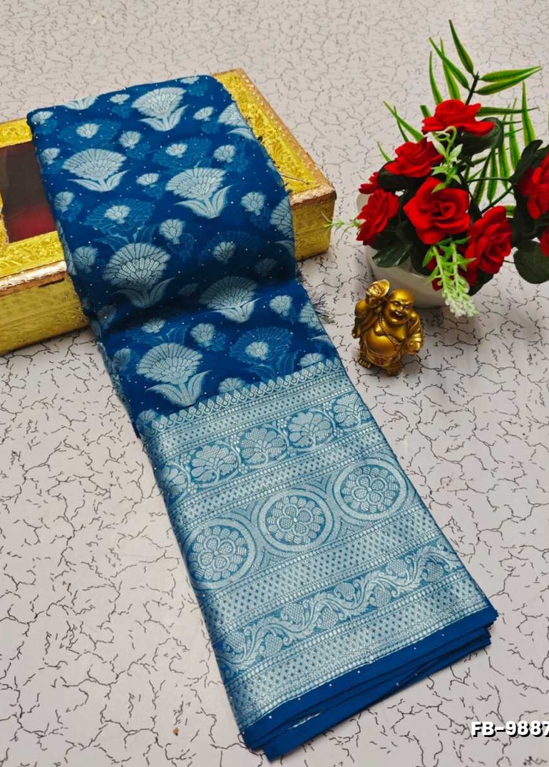 Premium Banarasi Silk Saree with Heavy Silver Zari & Stone Work Saree - NORMAL  BLUE (1)