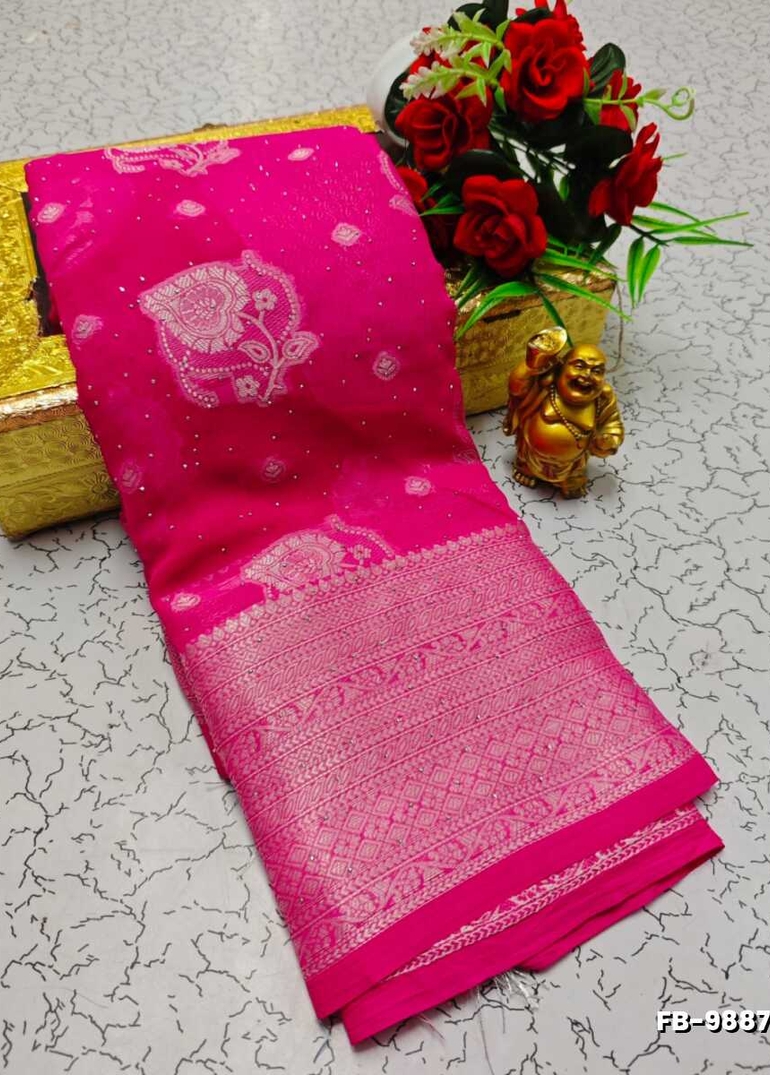 Premium Banarasi Silk Saree with Heavy Silver Zari & Stone Work Saree - RUBY COLOUR