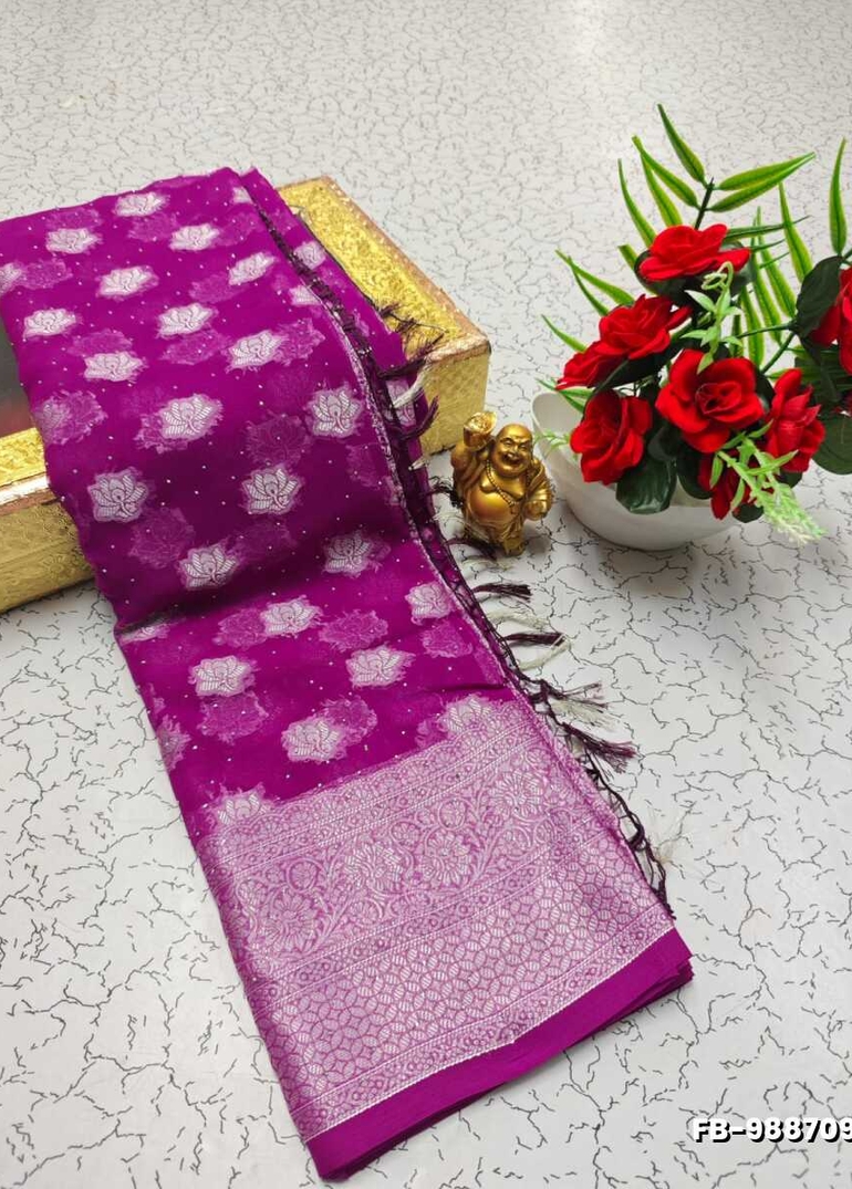 Premium Banarasi Silk Saree with Heavy Silver Zari & Stone Work Saree - PURPLE COLOUR (1)