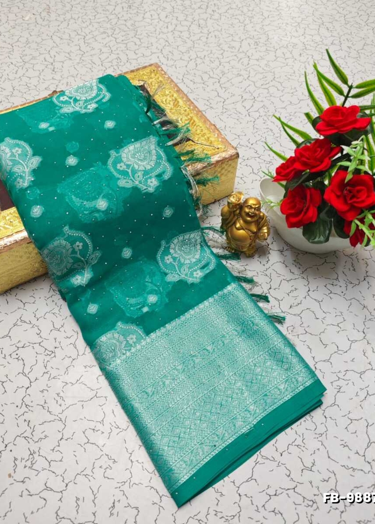 Premium Banarasi Silk Saree with Heavy Silver Zari & Stone Work Saree - NORMAL GREEN (1)