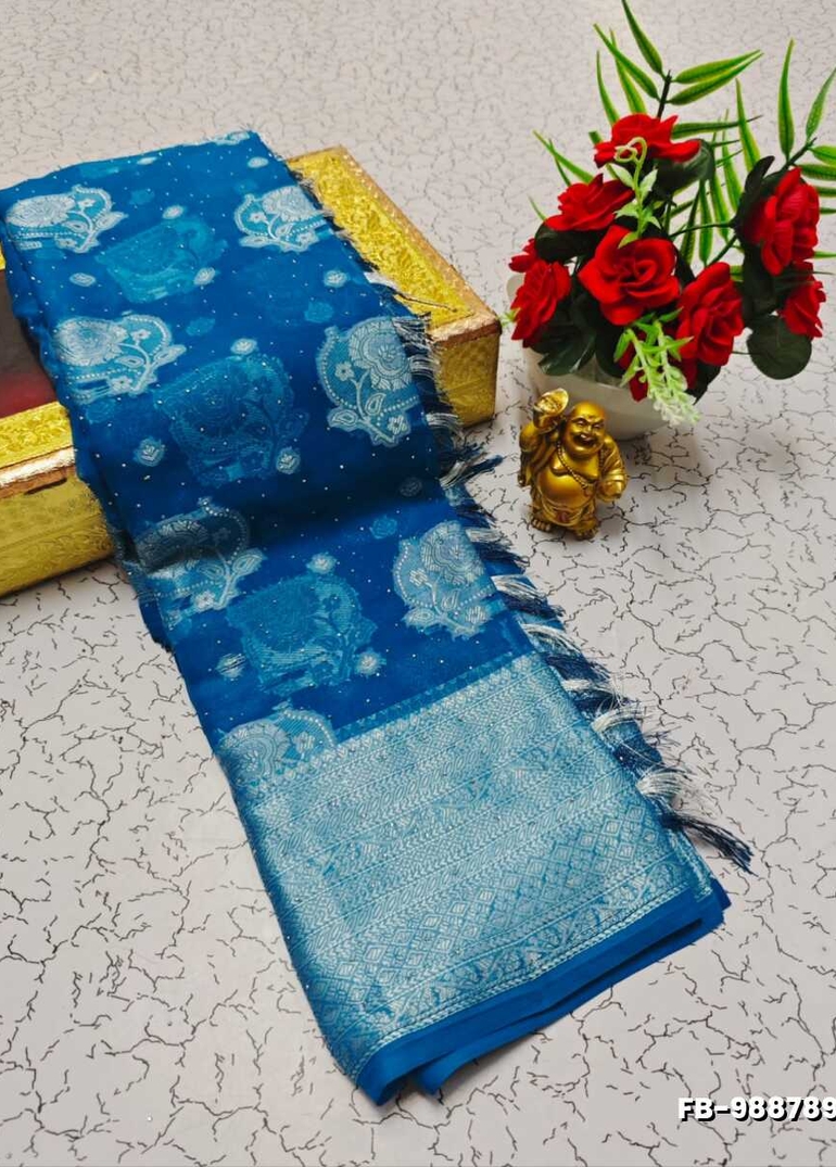 Premium Banarasi Silk Saree with Heavy Silver Zari & Stone Work Saree - BLUE COLOUR (1)