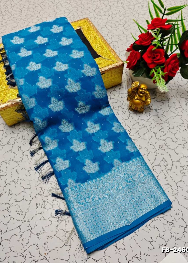 Premium Banarasi Silk Saree with Heavy Silver Zari & Stone Work Saree - BLUE COLOUR (2)