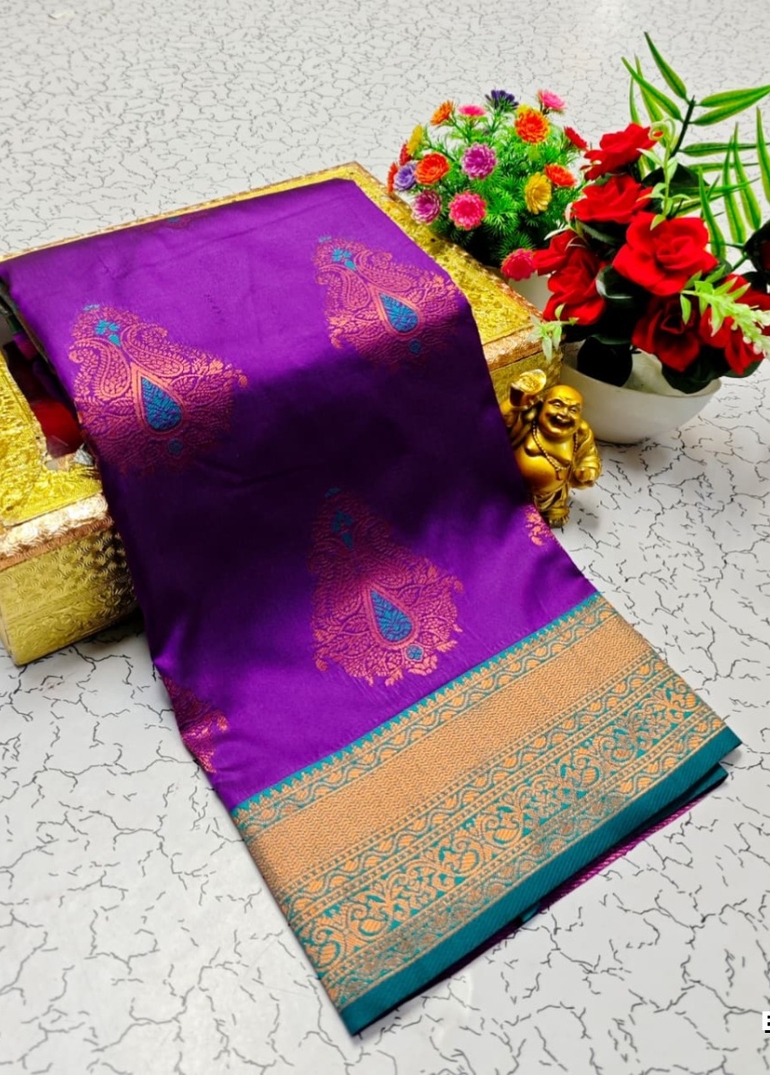 Premium Meena work Soft Silk Saree weddings, festivals, traditional Wear - INDIGO COLOUR