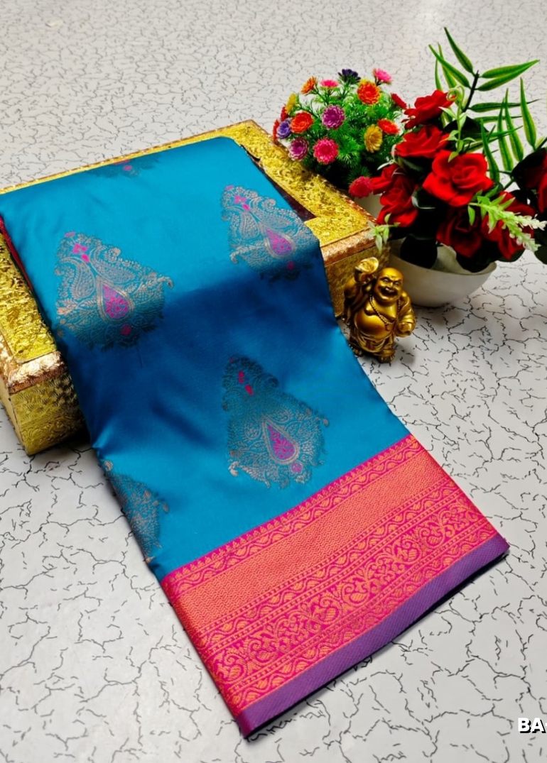Premium Meena work Soft Silk Saree weddings, festivals, traditional Wear - BLUE SHADE