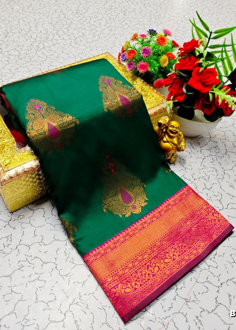 Premium Meena work Soft Silk Saree weddings, festivals, traditional Wear - BOTTLE GREEN