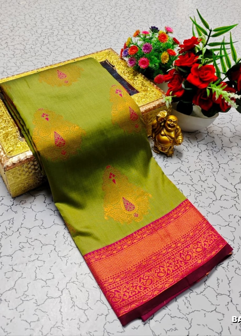 Premium Meena work Soft Silk Saree weddings, festivals, traditional Wear - LITE GREEN