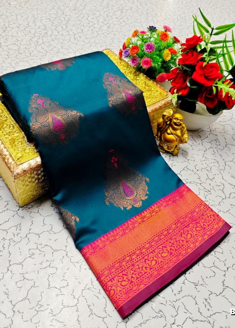 Premium Meena work Soft Silk Saree weddings, festivals, traditional Wear - PEACOCK GREEN (1)