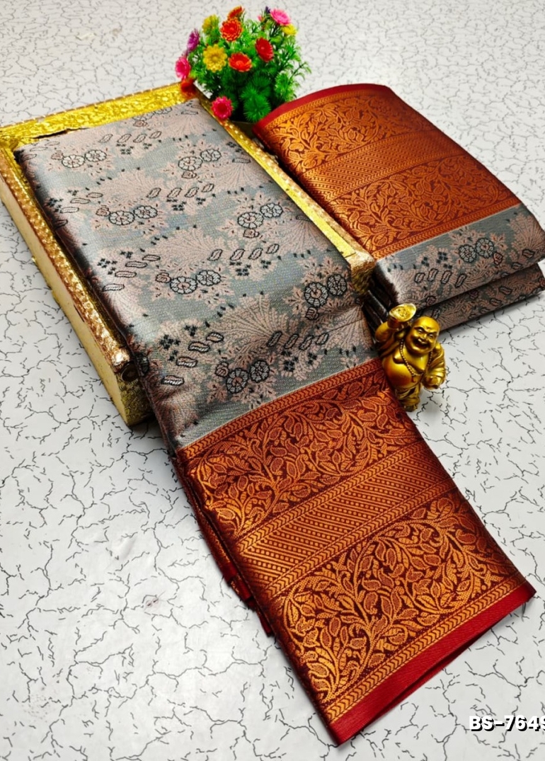 Premium Bridal Tissue Silk Saree with Intricate Zari Weave- GRAY