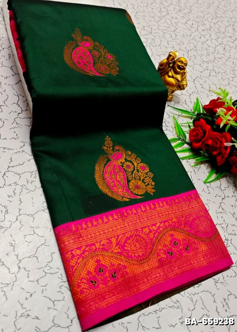 Premium Meena work Soft Silk Saree weddings, festivals, traditional Wear - DARK GREEN