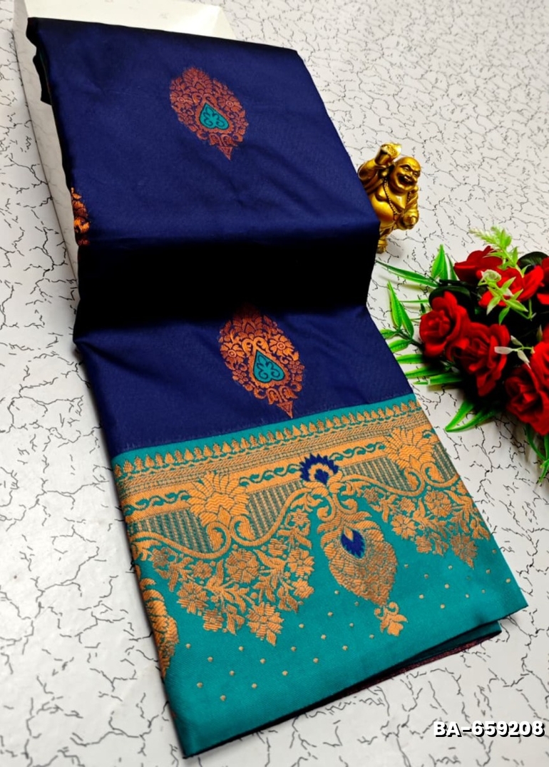 Premium Meena work Soft Silk Saree weddings, festivals, traditional Wear - NAVY COLOUR