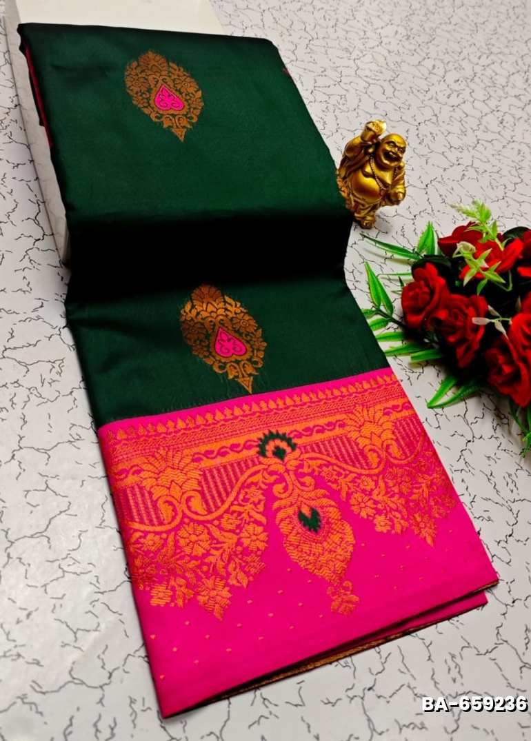 Premium Meena work Soft Silk Saree weddings, festivals, traditional Wear - BOTTLE GREEN (1)