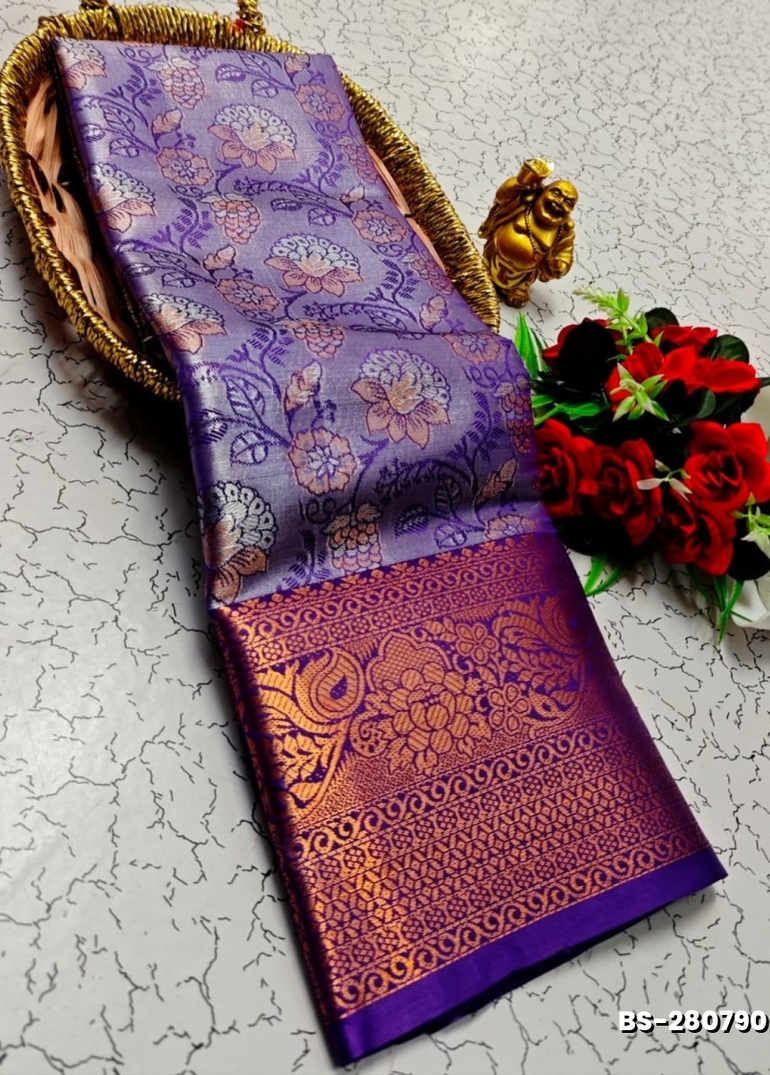 Premium Bridal Tissue Silk Saree with Intricate Zari Weave- BRINJAL COLOUR