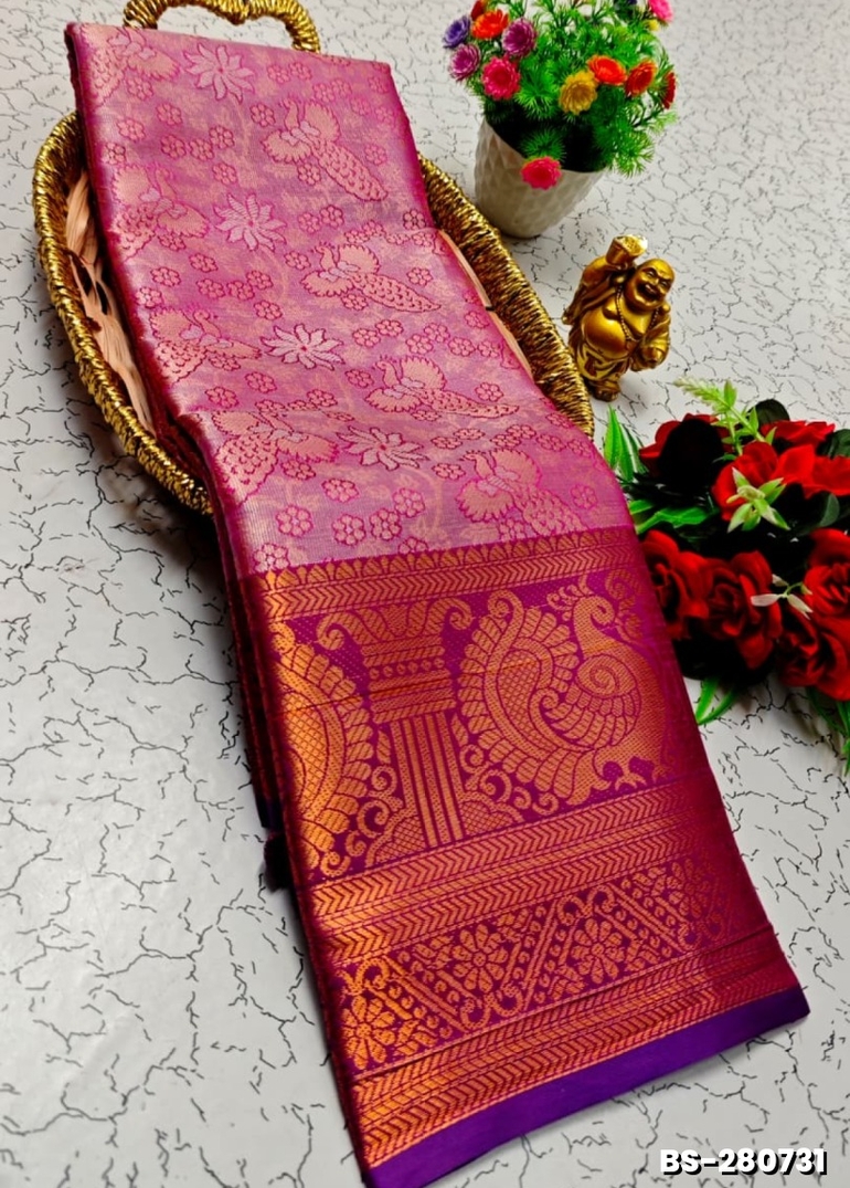Premium Bridal Tissue Silk Saree with Intricate Zari Weave- DARK PINK